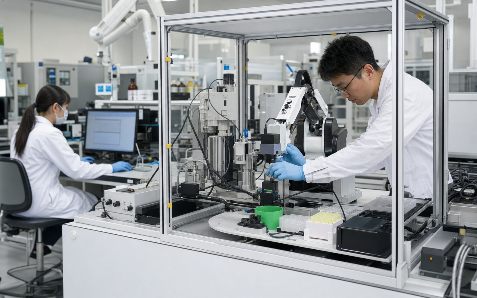 研究自動化システムを用いて実験を行うラボの様子