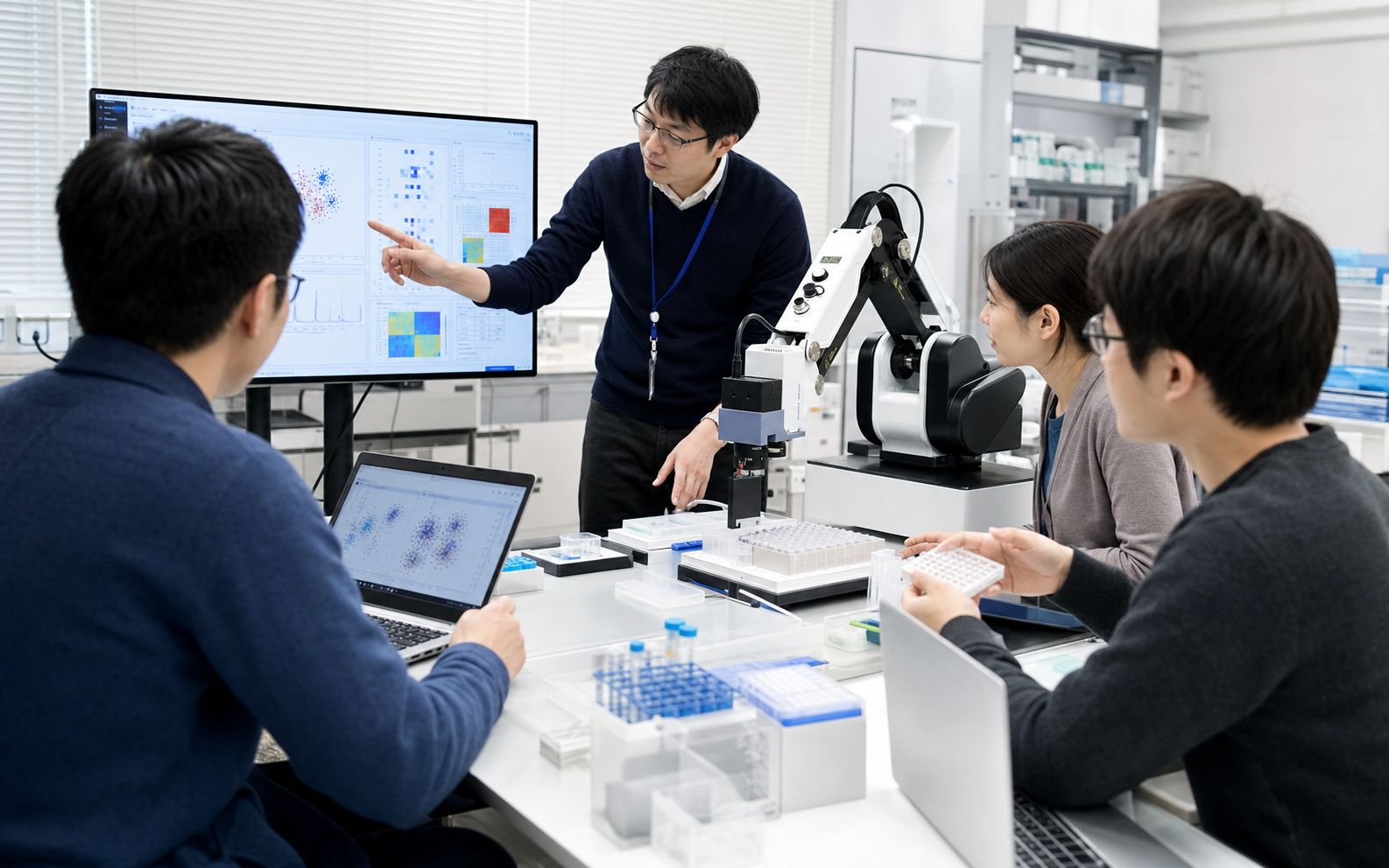 研究チームがロボットとデータを題材に学ぶ様子